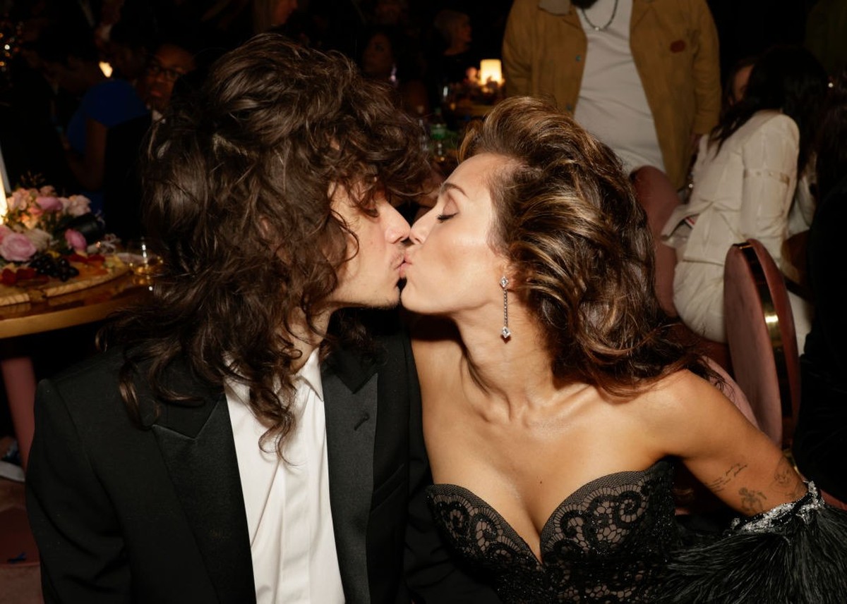 LOS ANGELES - FEBRUARY 4: Maxx Morando and Miley Cyrus behind the scenes at The 66th Annual Grammy Awards, airing live from Crypto.com Arena in Los Angeles, California, Sunday, Feb. 4 (8:00-11:30 PM,  ...
