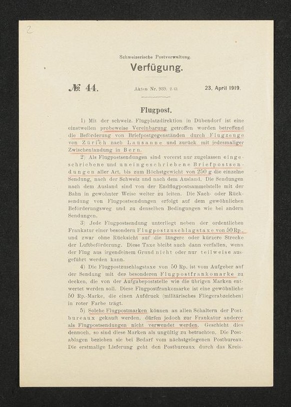 Die Verfügung vom 23. April 1919 regelt den Betrieb des Versuchsbetriebs der ersten regelmässigen Schweizer Luftpost zwischen Zürich und Lausanne.