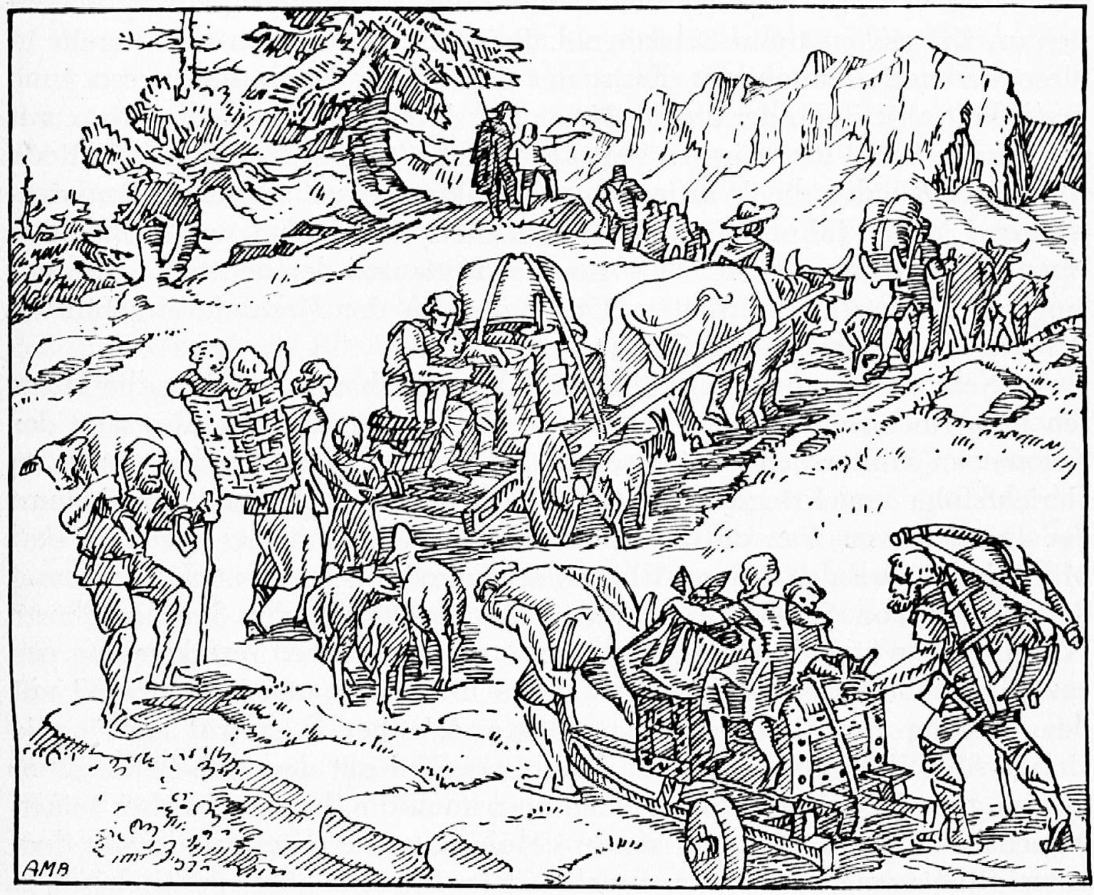 Undatierte Illustration eines sogenannten «Walserzugs» über die Alpen.
https://www.e-periodica.ch/digbib/view?pid=jbl-002%3A1958%3A18%3A%3A324#324