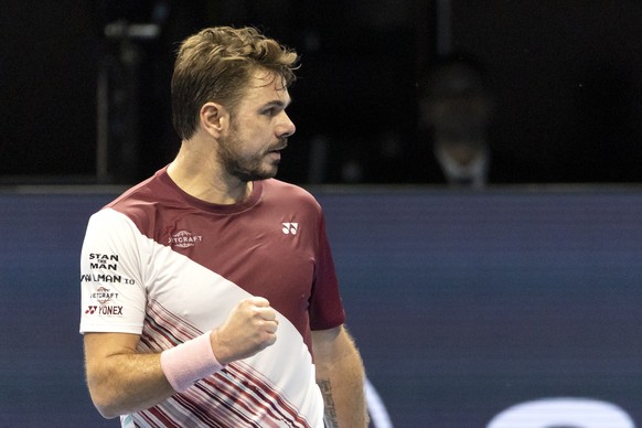 Stan Wawrinka of Switzerland reacts during his match against Brandon Nakashima of the United States during their round of eight match at the Swiss Indoors tennis tournament at the St. Jakobshalle in B ...
