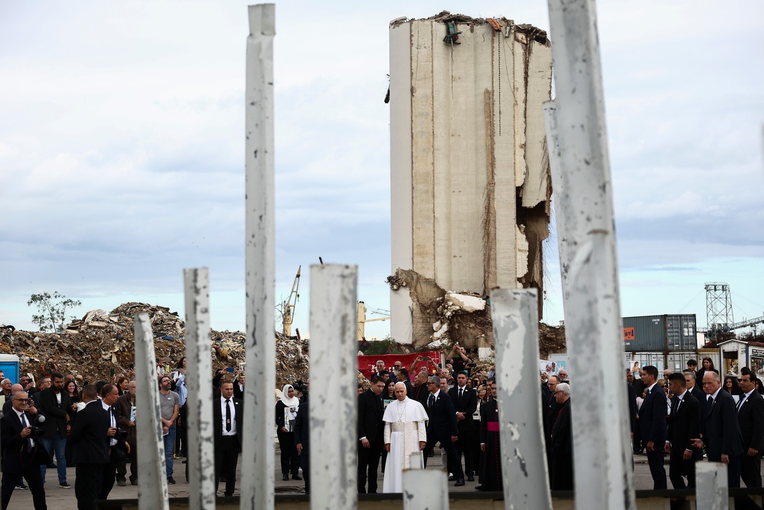 Pope Leo XIV holds a moment of prayer at the site of the 2020 Beirut port explosion in Beirut, Lebanon, Tuesday, Dec. 2, 2025. (Yara Nardi/Pool Via AP)
Lebanon Mideast Pope