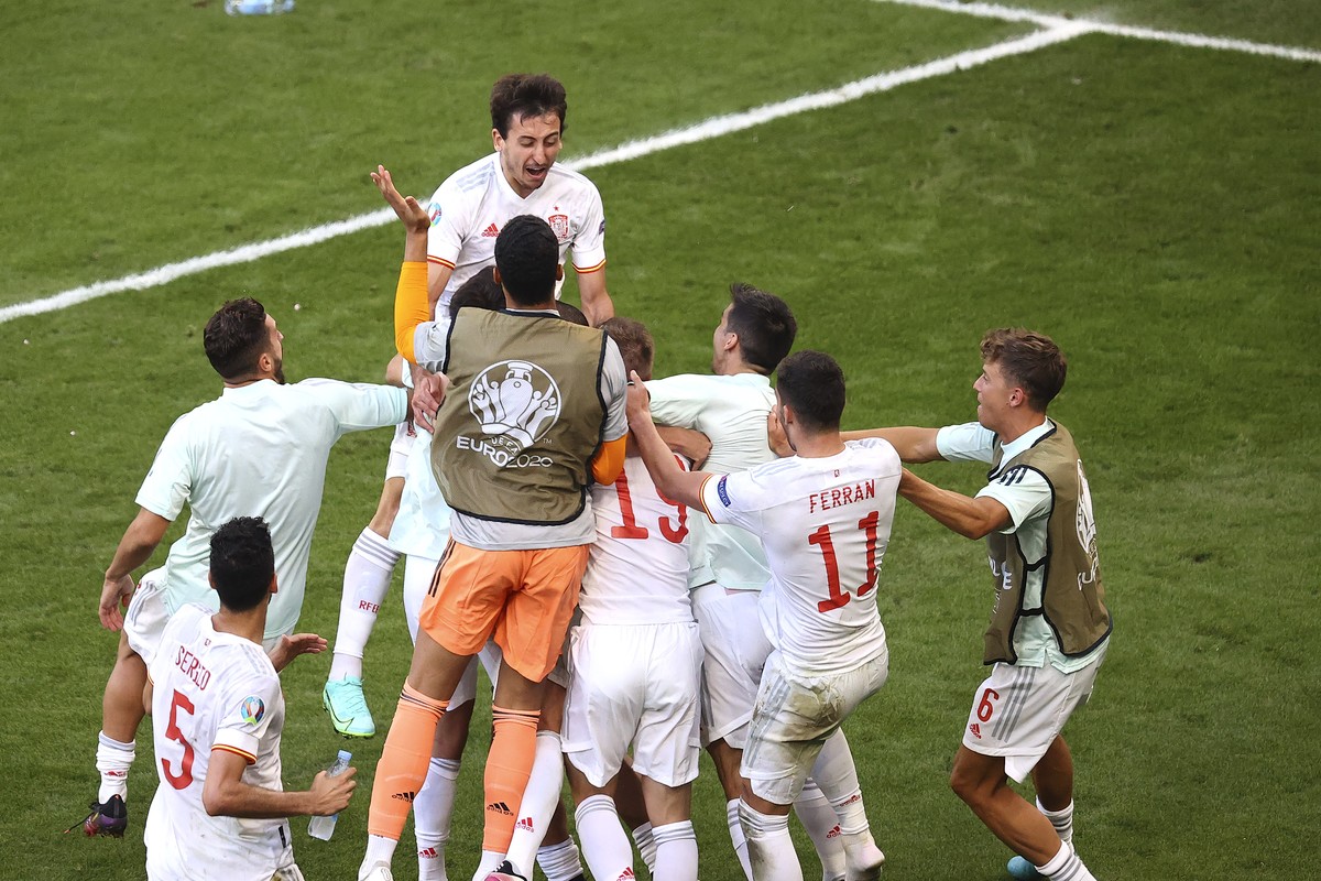 Spain's Mikel Oyarzabal celebrates after scoring his team's fifth goal during the Euro 2020 soccer championship round of 16 match between Croatia and Spain, at Parken stadium in Copenhagen,  ...
