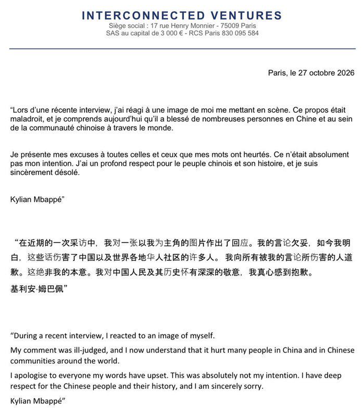 Kylian Mbappé bittet China um Entschuldigung.