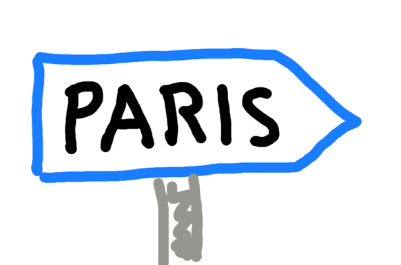 Ein gezeichnetes Schild, das nach Paris zeigt.