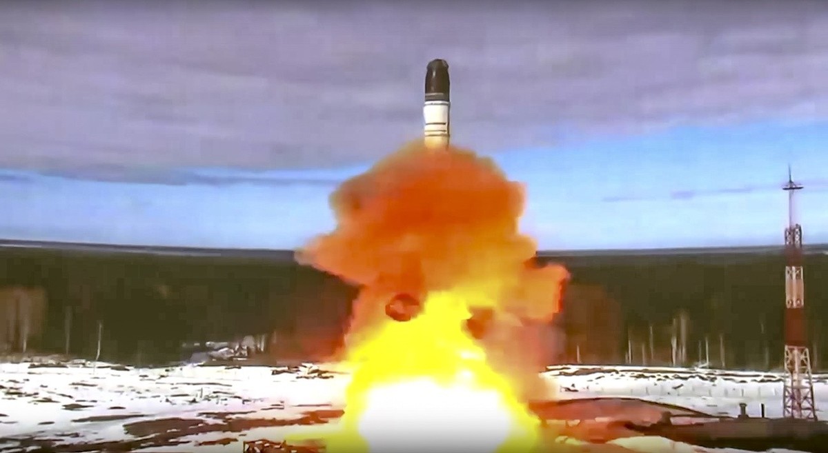 In this handout photo released by Roscosmos Space Agency Press Service on Wednesday, April 20, 2022, the Sarmat intercontinental ballistic missile is launched from Plesetsk in Russia's northwest. ...