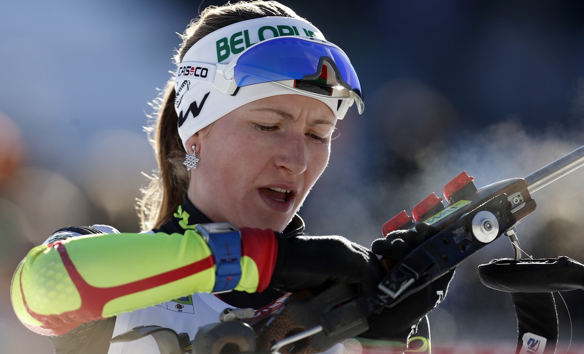 Belarus' Darya Domracheva competes to win the women's 10 km pursuit competition at the Biathlon World Cup event, in Pokljuka, Slovenia, Saturday, Dec. 20, 2014. (AP Photo/Darko Bandic)