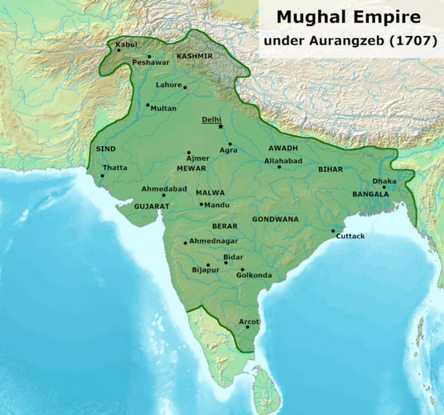 Das Mogulreich zum Zeitpunkt seiner grössten Ausdehnung unter Aurangzeb im Jahr 1707.
https://en.wikipedia.org/wiki/File:Mughal_Empire,_1707.png