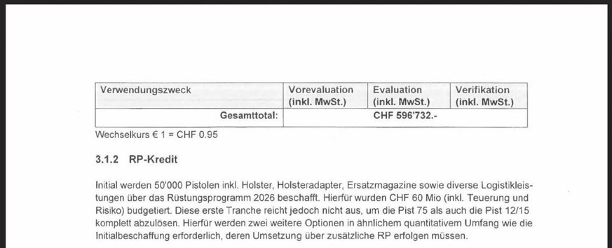 Screenshot Evaluationsbericht neue Armeepistole, Armasuisse (2025)