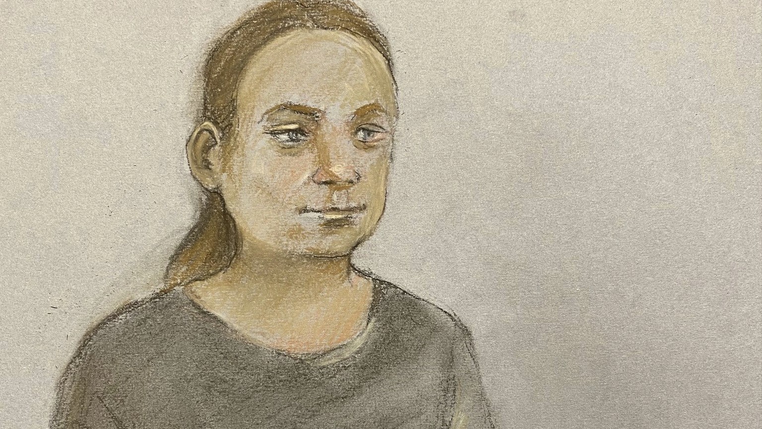 Court artist drawing by Elizabeth Cook of environmental campaigner Greta Thunberg appearing at Westminster Magistrates&#039; Court, London, Wednesday, Nov. 15, 2023. Climate activist Greta Thunberg ha ...