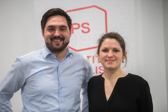 Die Kandidaten fuer das SP-Parteipraesidium, Cedric Wermuth, links, und Mattea Meyer, rechts, anlaesslich des ersten offiziellen Hearings, am Donnerstag, 5. März 2020, in Bellinzona. (KEYSTONE/Ti-Pres ...