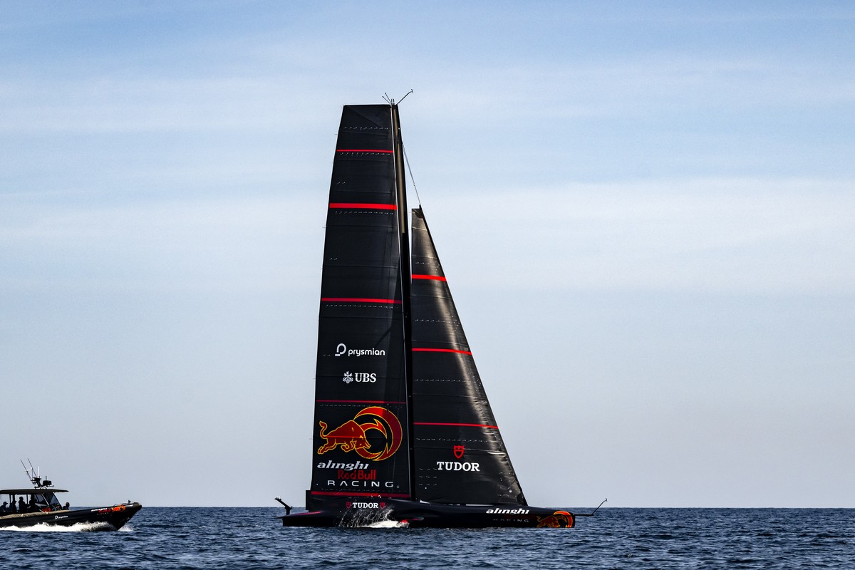 The Alinghi Red Bull Racing's BoatOne in action during a training session for the next 37th America?s Cup, in Barcelona, Spain, Monday May 13, 2024. The Swiss-built AC75 will challenge for the Lo ...