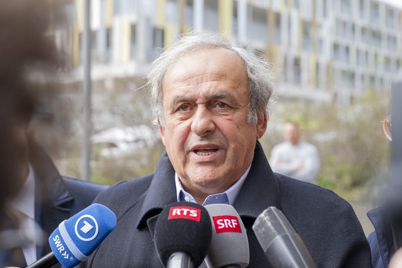 Former UEFA President, Michel Platini reacts after the verdict at the special appeals court, in Muttenz, Switzerland, Tuesday, March 25, 2025. A special appeals court, sitting in Muttenz near Basel, w ...
