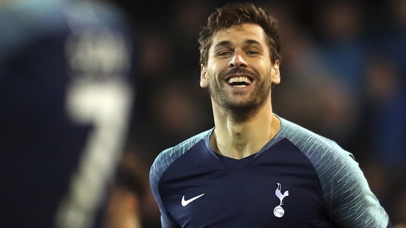 Tottenham&#039;s Fernando Llorente, right, celebrates after scoring his side&#039;s second goal during the English FA Cup third round soccer match between Tranmere Rovers and Tottenham Hotspur at Pren ...