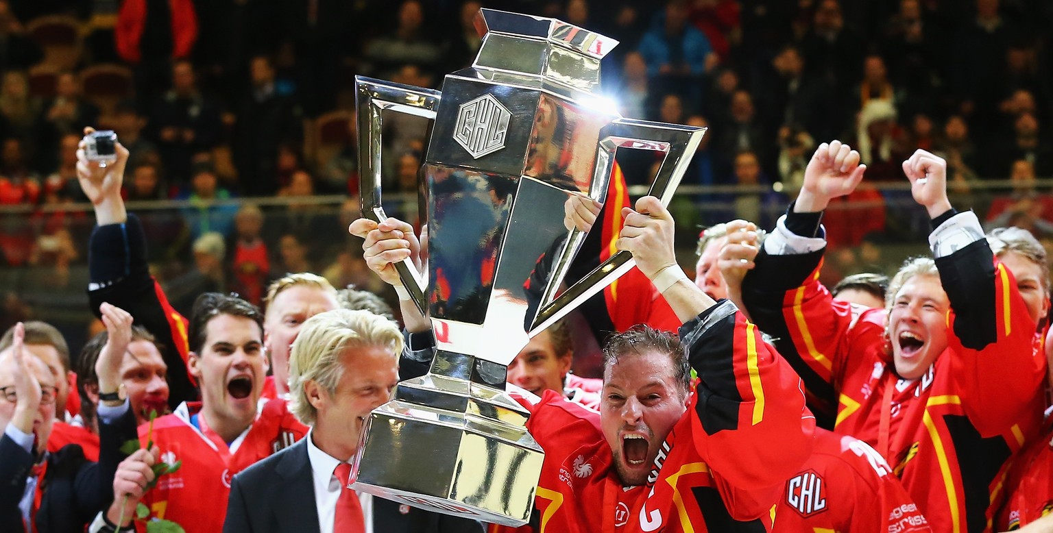 LULEA, SWEDEN - FEBRUARY 03: Chris Abbott of Lulea Hockey celebrates with the trophy after the Champions Hockey League Final match between Lulea Hockey and Frolunda Gothenburg at Coop Norrbotten Arena ...