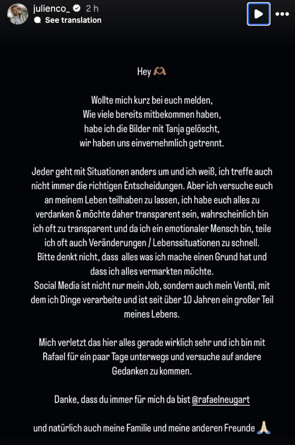 Julian's statement about Tanja's divorce.
