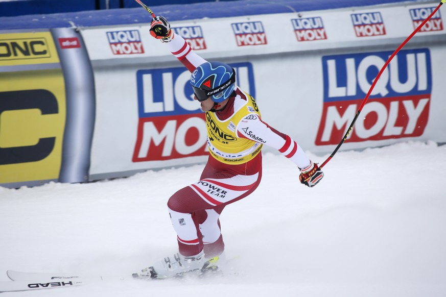 Matthias Mayer of Austria comes to the end of the course during FIS downhill skiing race action, in Lake Louise, Alberta, on Saturday, Nov. 27, 2021. (Jeff McIntosh/The Canadian Press via AP)