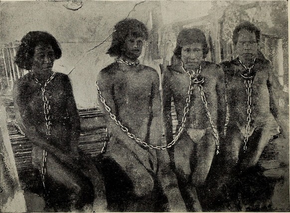 Versklavte Amazonas-Indios, aus Walter Ernest Hardenburg: The Putumayo, the Devil&#039;s Paradise (1912)