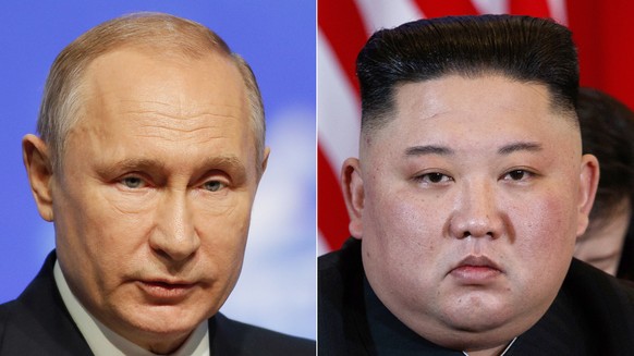 FILE - This combination file photo, shows Russian President Vladimir Putin, left, in St. Petersburg, Russia, April 9, 2019, and North Korean leader Kim Jong Un in Hanoi, Vietnam, on Feb. 28, 2019. Whe ...