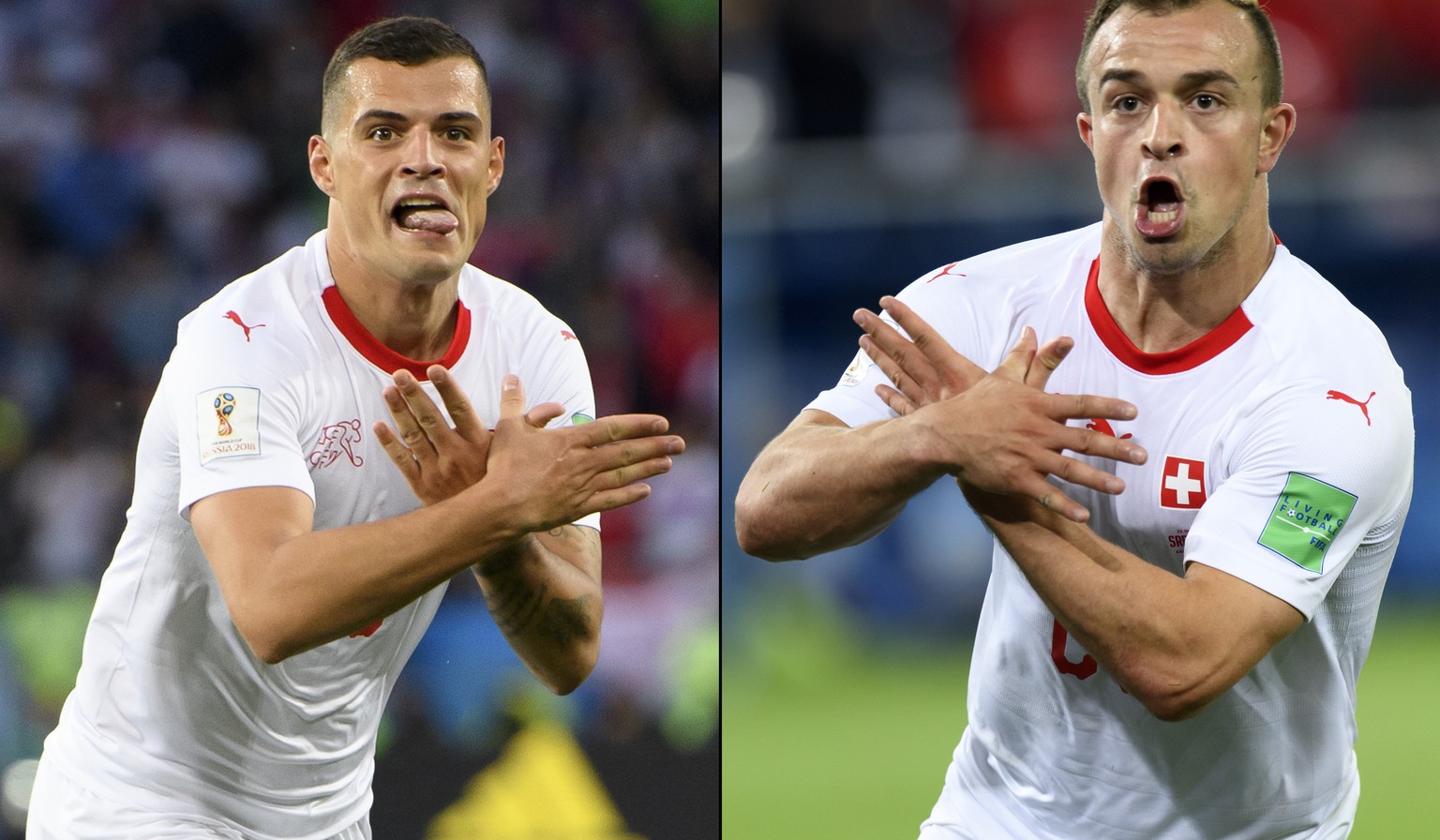 A combo of two pictures shows the celebration for the first goal of Switzerland&#039;s midfielder Granit Xhaka, left, and the victory goal of Switzerland&#039;s midfielder Xherdan Shaqiri, right, both ...