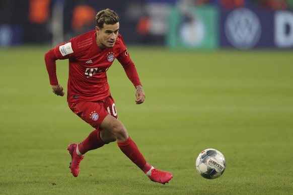 epa08267945 Philippe Coutinho of Bayern Munich in action during the German DFB Cup quarter final match between Schalke 04 and Bayern Munich in Gelsenkirchen, 03 March 2020. EPA/FRIEDEMANN VOGEL CONDIT ...