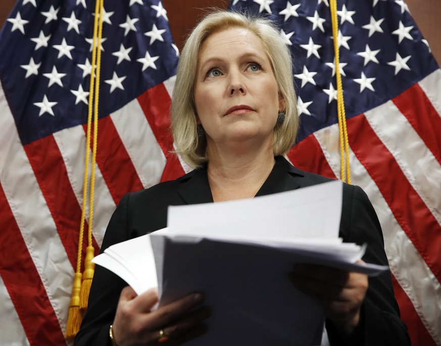 Sen. Kirsten Gillibrand, D-N.Y., attends a news conference, Tuesday, Dec. 12, 2017, on Capitol Hill in Washington. Gillibrand says President Donald Trump’s latest tweet about her was a “sexist smear”  ...