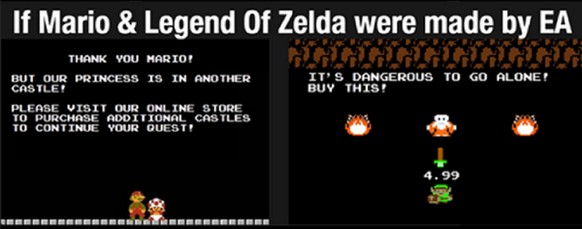 Super Mario Bros.: «Danke, Mario! Aber unsere Prinzessin ist in einem anderen Schloss! Bitte besuche unseren Online-Shop, um weitere Schlösser zu kaufen, um deine Suche fortzuführen!»The Legend of Zel ...