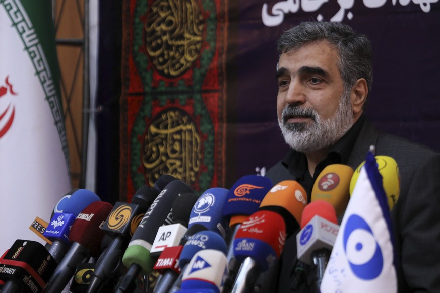 In this photo released by the Atomic Energy Organization of Iran, spokesman of the organization Behrouz Kamalvandi speaks in a news briefing in Tehran, Iran, Saturday, Sept. 7, 2019. Iran has begun in ...