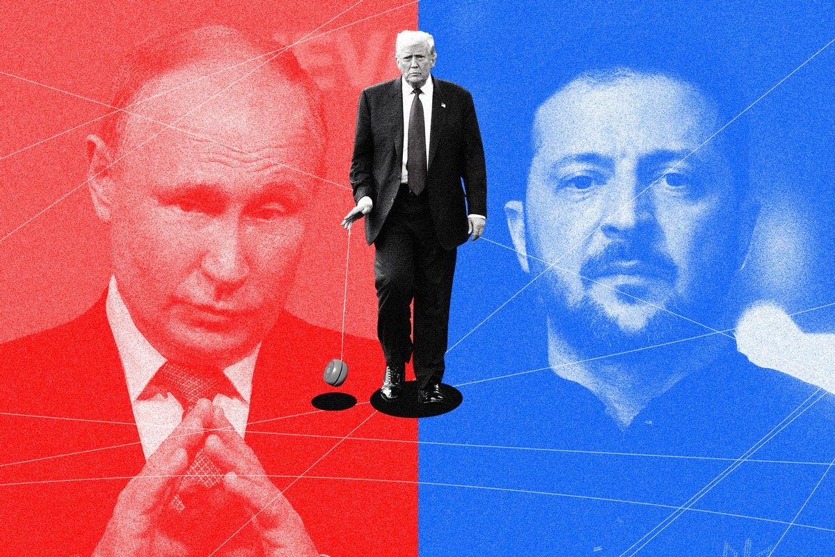 Trumps Yo-Yo Diplomatie. Fotomontage zeigt Donald Trump mit einem Yo-Yo spielen in der Mitte zwischen einem Bild von Wladimir Putin links und Wolodymyr Selenskyj rechts