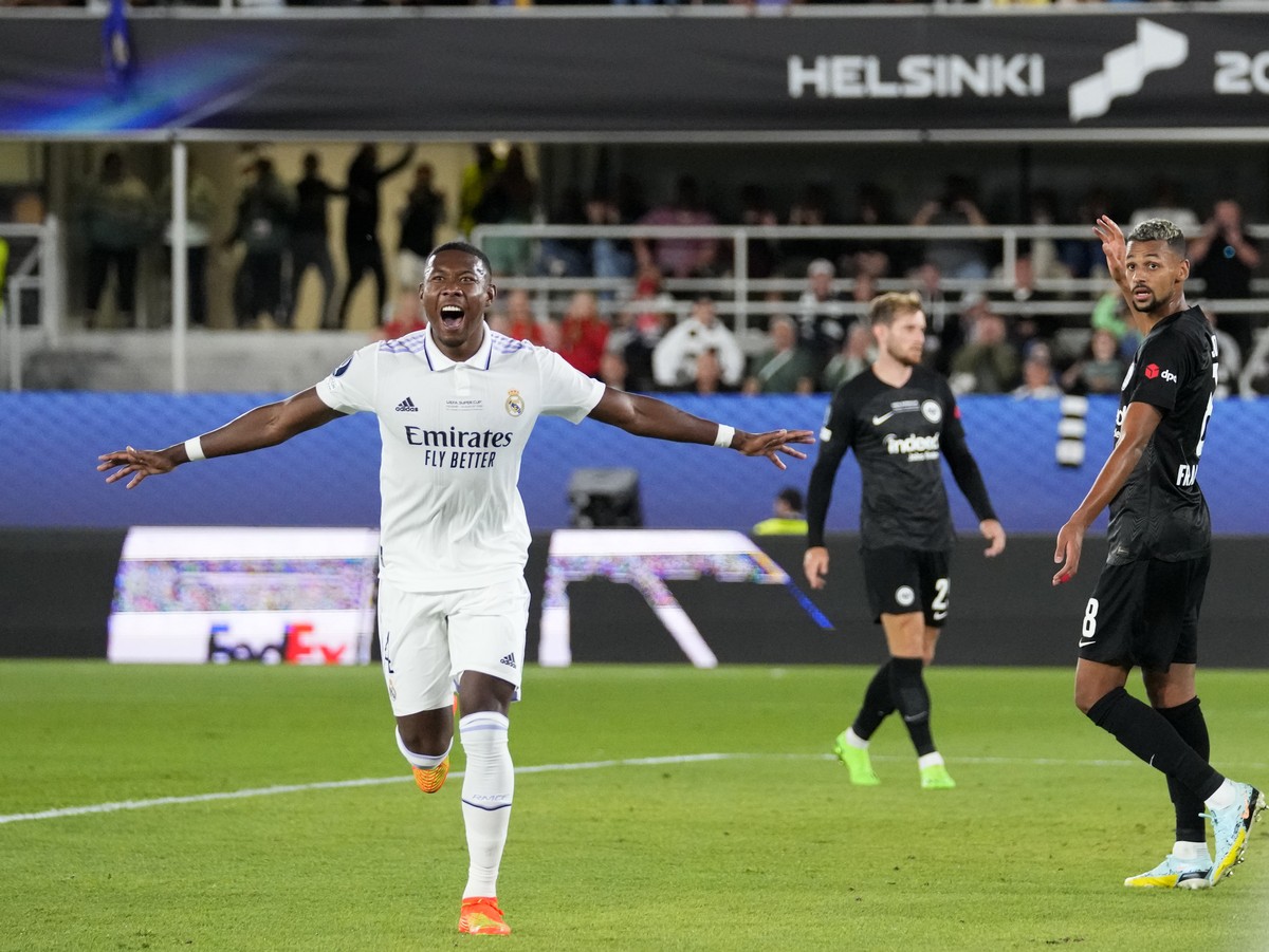 Real Madrid's David Alaba celebrates after scoring his side's opening goal during the UEFA Super Cup final soccer match between Real Madrid and Eintracht Frankfurt at Helsinki's Olympic ...