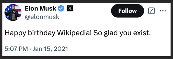 Tweet von Elon Musk zu Wikipedia (2021)