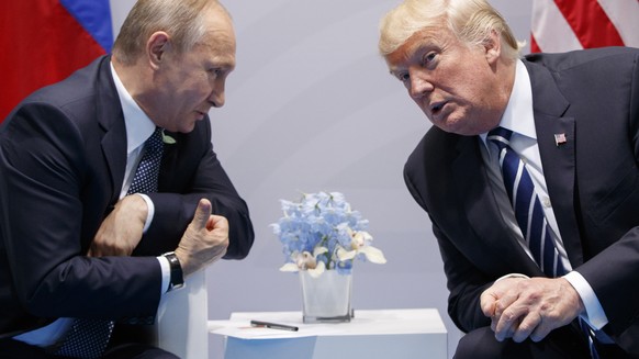FILE - President Donald Trump meets with Russian President Vladimir Putin at the G-20 Summit in Hamburg, July 7, 2017. A Pew survey of democracies around the world finds that views of the U.S. as a mo ...