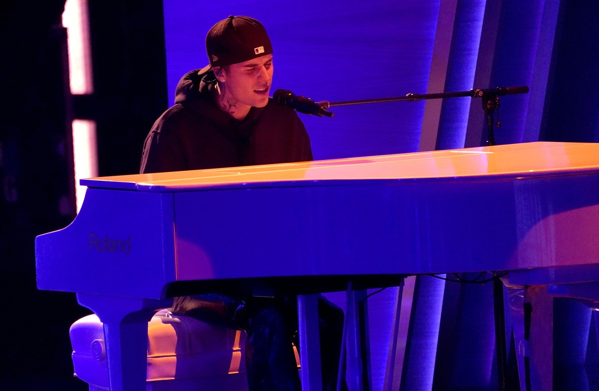 Justin Bieber performs "Peaches" at the 64th Annual Grammy Awards on Sunday, April 3, 2022, in Las Vegas. (AP Photo/Chris Pizzello)
Justin Bieber