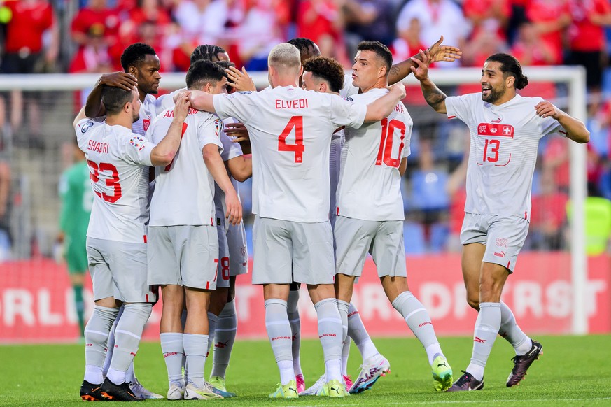 Switzerland&#039;s players celebrates their first after scoring the 0:1, during the UEFA Euro 2024 qualifying group I soccer match between Andorra and Switzerland at the Estadi Nacional stadium, in An ...