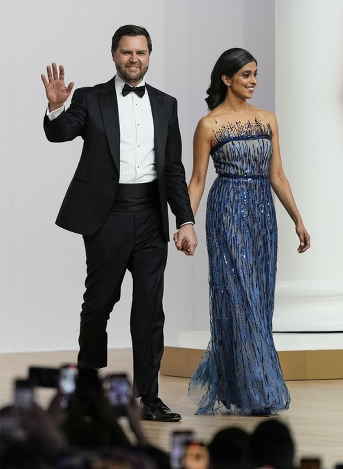 Vice President JD Vance and second lady Usha Vance arrive at the Commander in Chief Ball, part of the 60th Presidential Inauguration, Monday, Jan. 20, 2025, in Washington. (AP Photo/Ben Curtis)