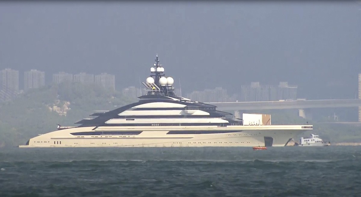 FILE - In this image taken from a video footage run by TVB, the megayacht Nord, worth over $500 million, is seen off Hong Kong Island outside Victoria Harbour on Friday, Oct. 7, 2022. The Nord, linked ...