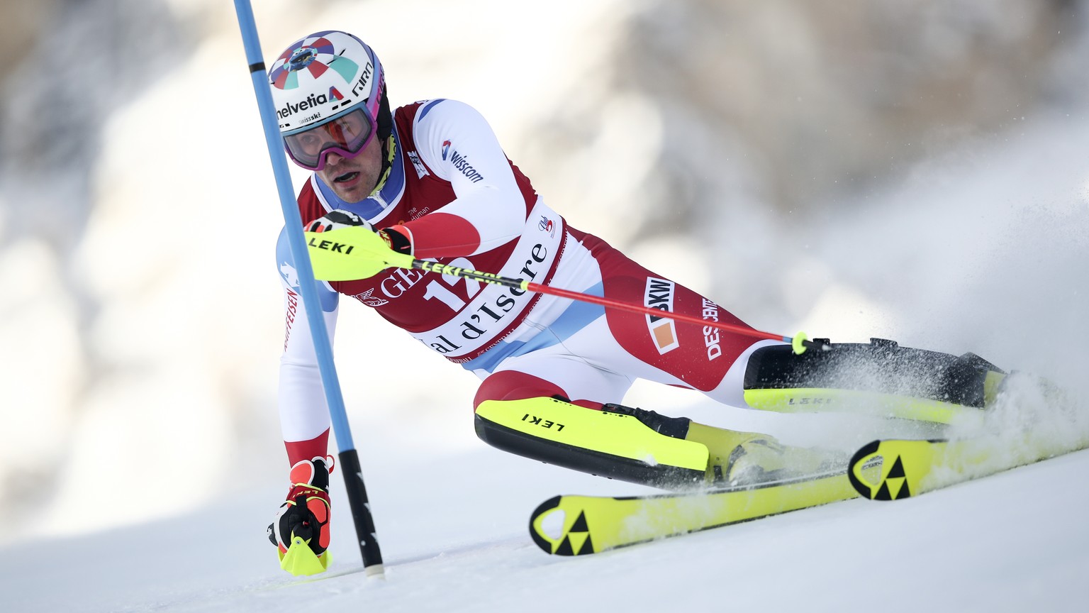 Switzerland&#039;s Daniel Yule competes in the first run of an alpine ski, men&#039;s World Cup slalom, in Val D&#039;Isere, France, Sunday, Dec. 12, 2021. (AP Photo/Gabriele Facciotti)