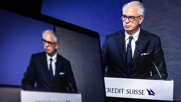 epa10269075 Screens show Swiss bank Credit Suisse CEO Ulrich Koerner presenting the quarterly report and the strategy and transformation plan for the bank, during a webcast streaming in Zurich, Switze ...