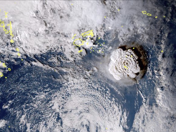 In this satellite image taken by Himawari-8, a Japanese weather satellite, and released by the agency, shows an undersea volcano eruption at the Pacific nation of Tonga Saturday, Jan. 15, 2022. An und ...