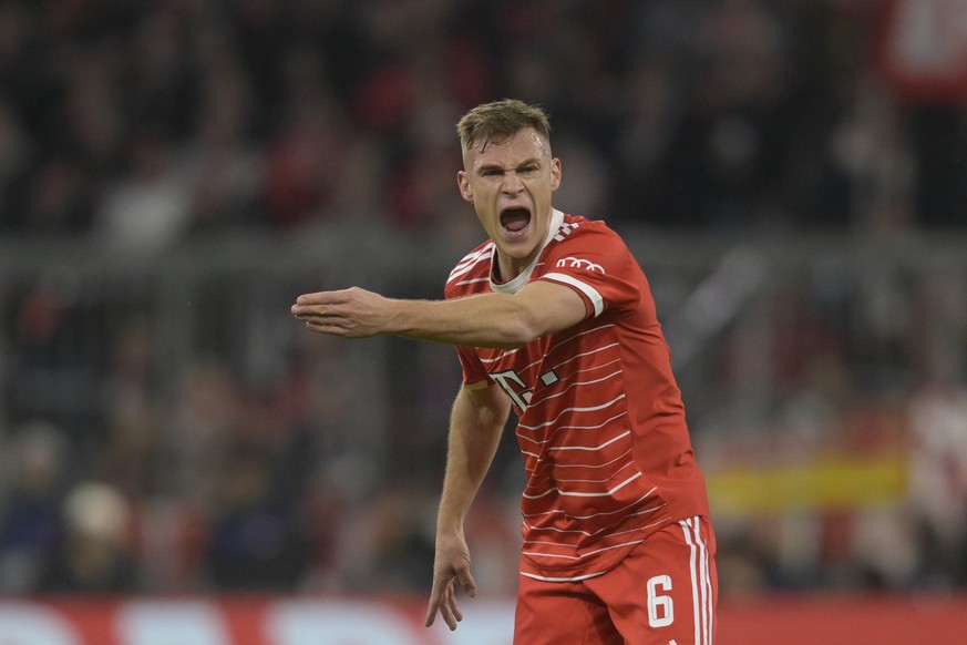 Bayern&#039;s Joshua Kimmich reacts during the Champions League round of 16 second leg soccer match between Bayern Munich and Paris Saint Germain at the Allianz Arena in Munich, Germany, Wednesday, Ma ...