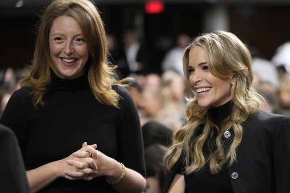 FILE - Dr. Casey Means, a wellness influencer, left, and journalist Megan Kelly, attend a confirmation hearing for Robert F. Kennedy Jr. for the Secretary of Health and Human Services post, at the Cap ...