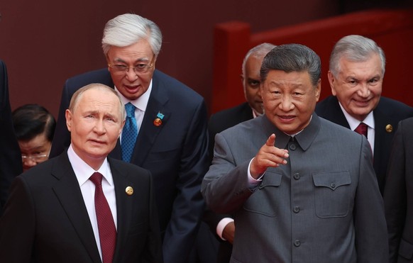 China Russia 8994452 03.09.2025 Russian President Vladimir Putin, Kazakh President Kassym-Jomart Tokayev, Chinese President Xi Jinping and Uzbek President Shavkat Mirziyoyev arrive to attend a militar ...
