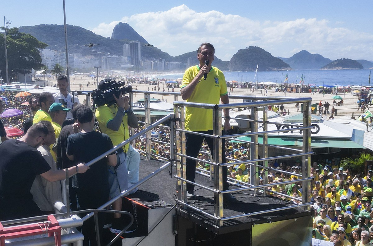 Brazil's former President Jair Bolsonaro speaks during a demonstration calling for freedom of expression, spurred by Brazilian court orders to suspend accounts on the social media platform X, in  ...