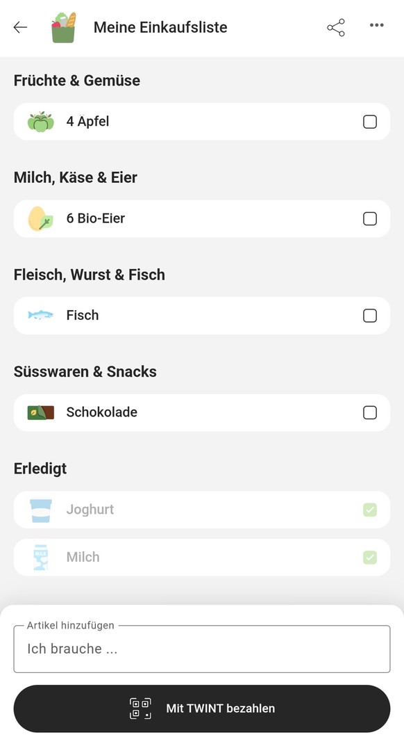 In der Twint-App können beliebig viele Einkaufslisten genutzt werden.