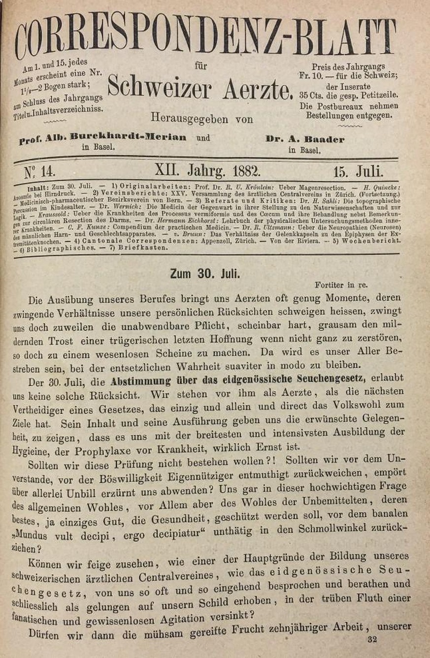 Ausschnitt aus dem «Correspondenz-Blatt für Schweizer Ärzte», 15. Juli 1882, zur Volksabstimmung über das Epidemiengesetz. 
https://saez.ch/article/doi/saez.2021.19601