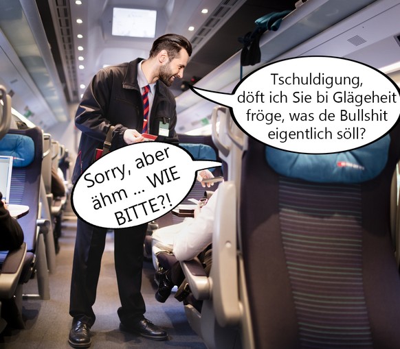 Train manager Salvatore Grado verifies a rail traveller&#039;s Swiss Pass in a Eurocity train of the Swiss Federal Railways bound from Zurich, Switzerland, to Milano, Italy, on October 3, 2015. (KEYST ...