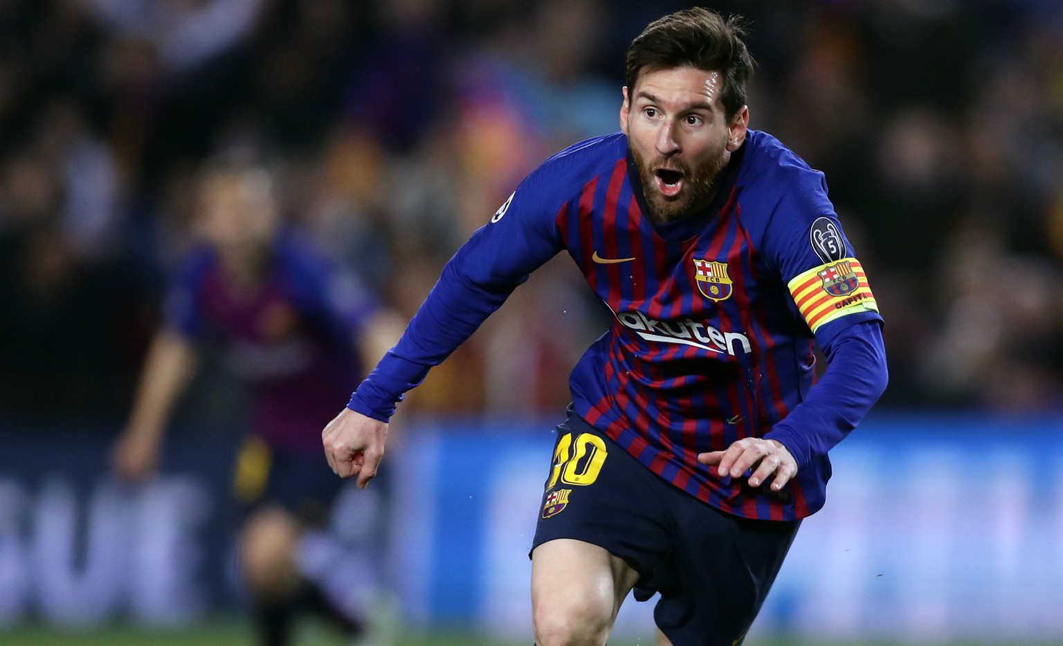 Barcelona forward Lionel Messi celebrates after scoring his side's second goal during the Champions League quarterfinal, second leg, soccer match between FC Barcelona and Manchester United at the Camp ...