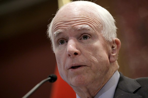 FILE- This June 3, 2016, file photo shows Sen. John McCain, R-Ariz., delivering his speech titled "America's Enduring Commitment to Security and Prosperity in Asia" at the S. Rajaratnam ...