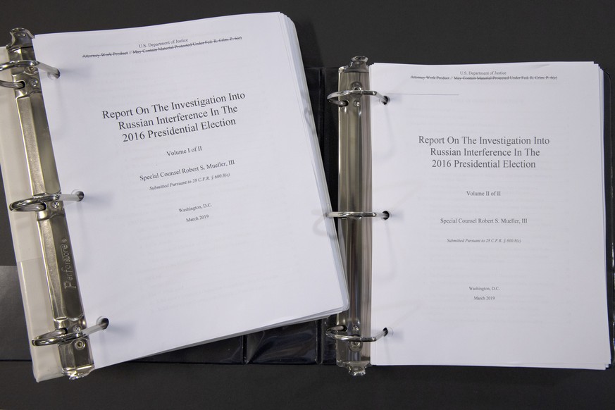 Special counsel Robert Mueller&#039;s redacted report on the investigation into Russian interference in the 2016 presidential election is photographed Thursday, April 18, 2019, in Washington. The repo ...