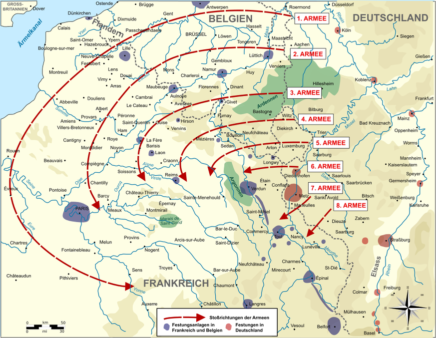 Der deutsche Angriffsplan 1914, basierend auf dem Schlieffen-Plan. 
