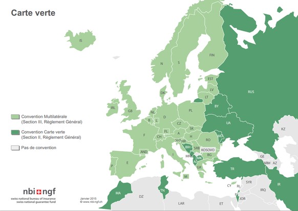 Dans les états vert sombre, une «carte d’assuré verte» est obligatoire.&nbsp;&nbsp;